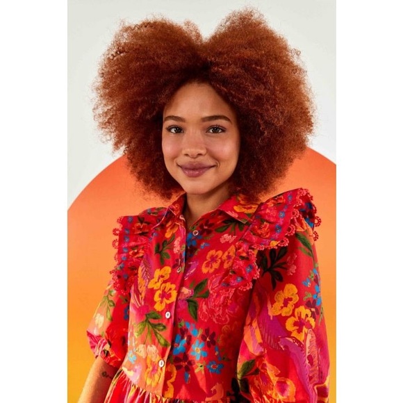 FARM RIO Red Spring Bananas Ruffle Shoulder Midi Dress - Picture 2 of 8